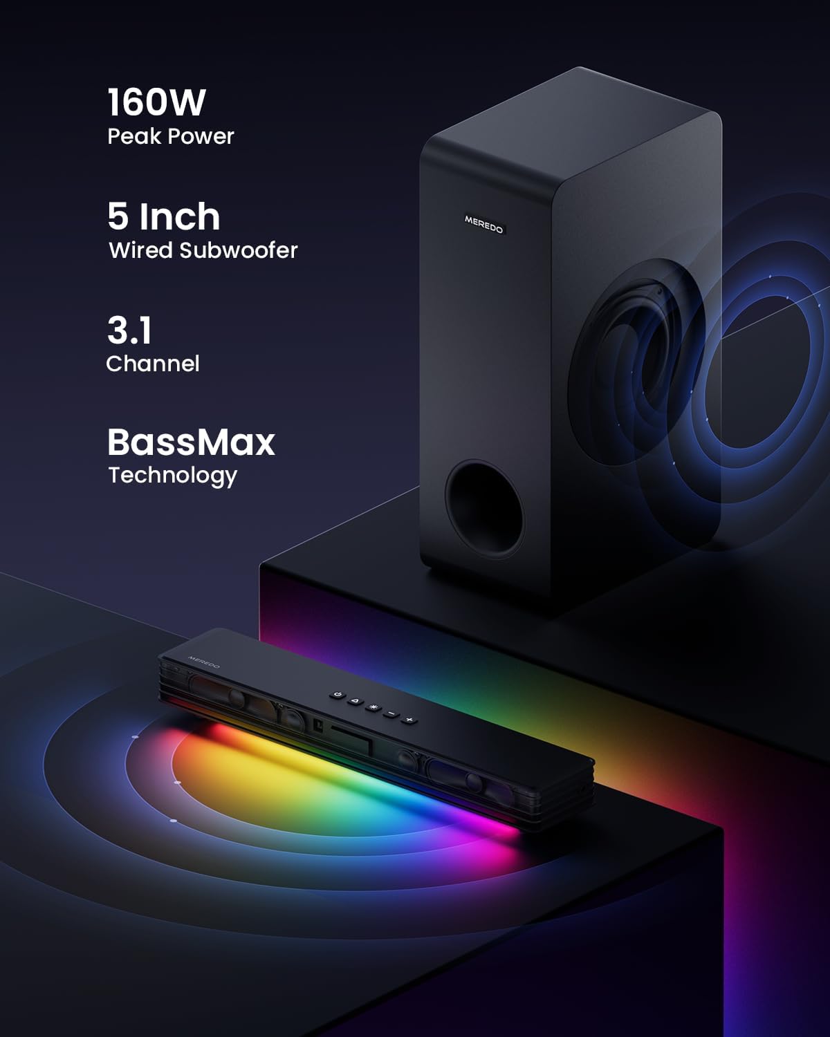 Detalle de MEREDO G38-US 3.1-Channel Soundbar with Wired Subwoofer and RGB Lighting