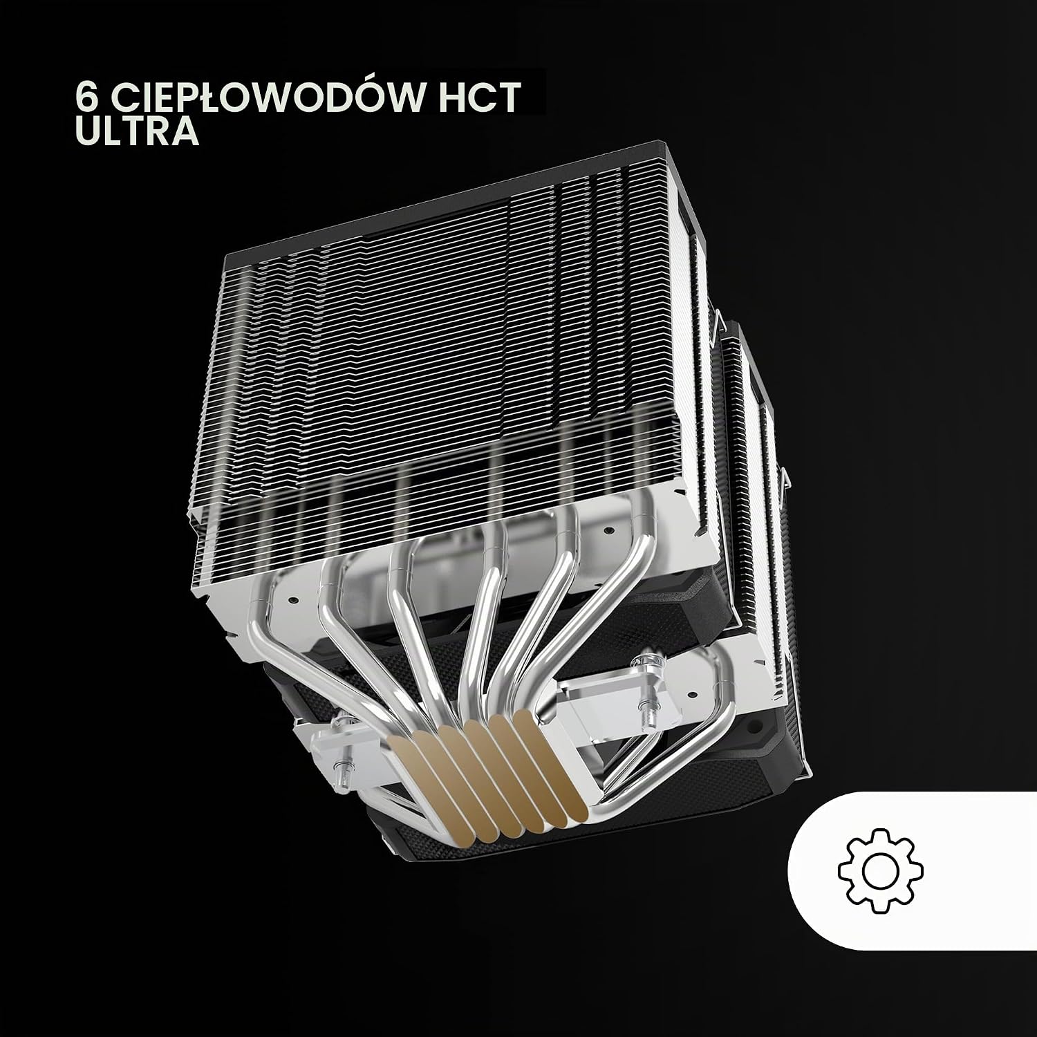 Detalle de Mars Gaming MCPU-XU6, dwuwieżowe chłodzenie CPU, 6 rurek cieplnych i 2 wentylatory 120 mm