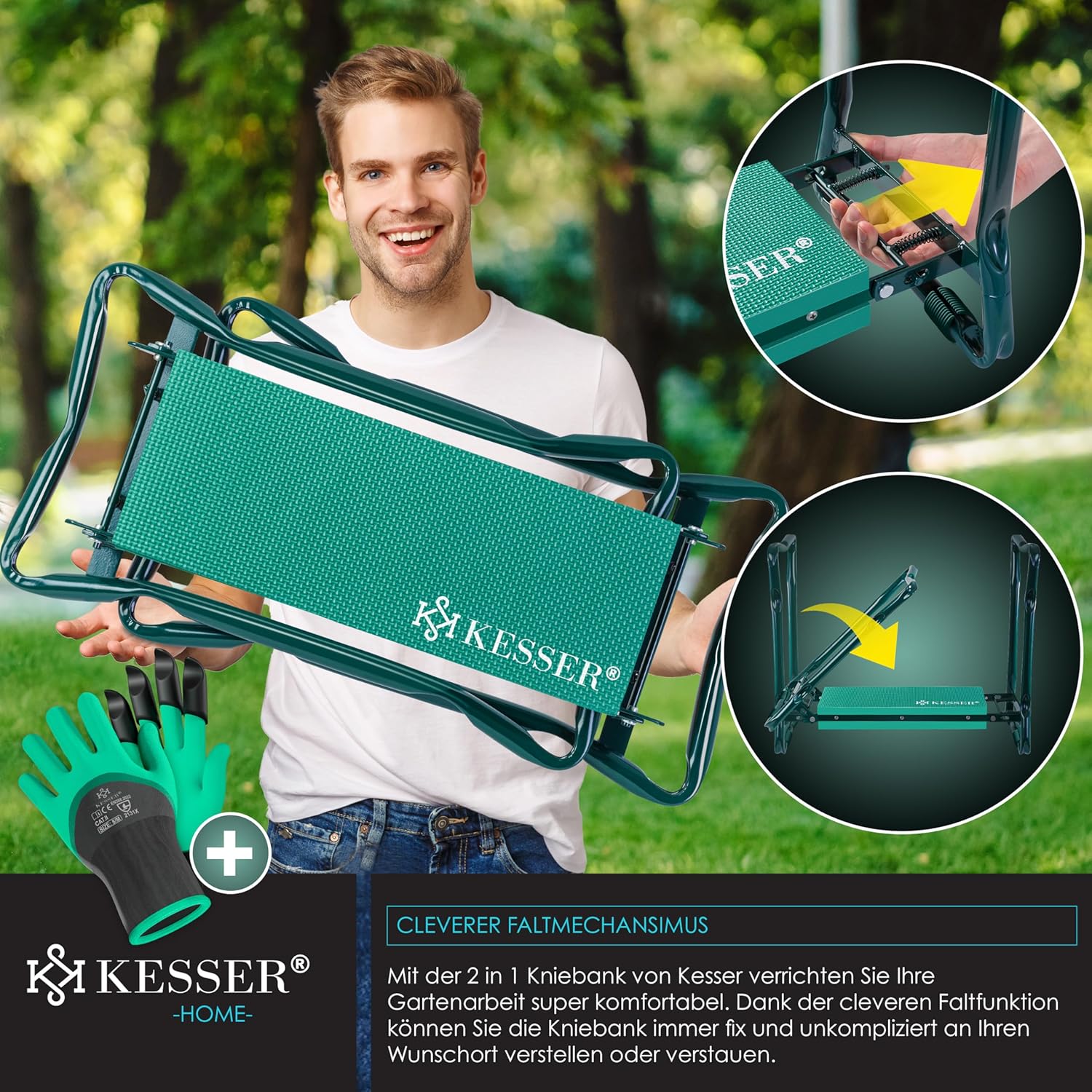 Detalle de KESSER® 2-in-1 XXL Kniebank für Gartenarbeit (klappbar) mit Werkzeugtaschen und Handschuhen