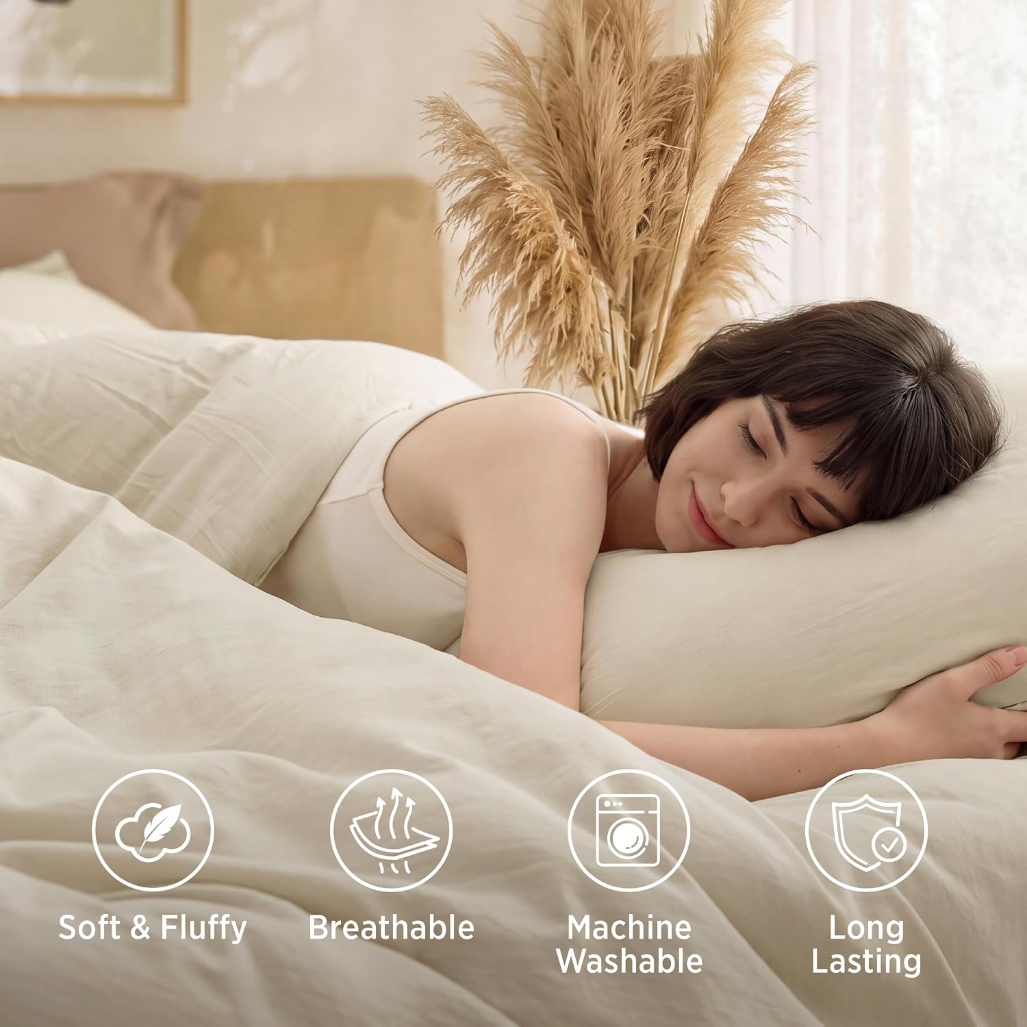 Detalle de Bedsure BB349B2 Queen Comforter Set, Cream, 3-Piece Prewashed Polyester