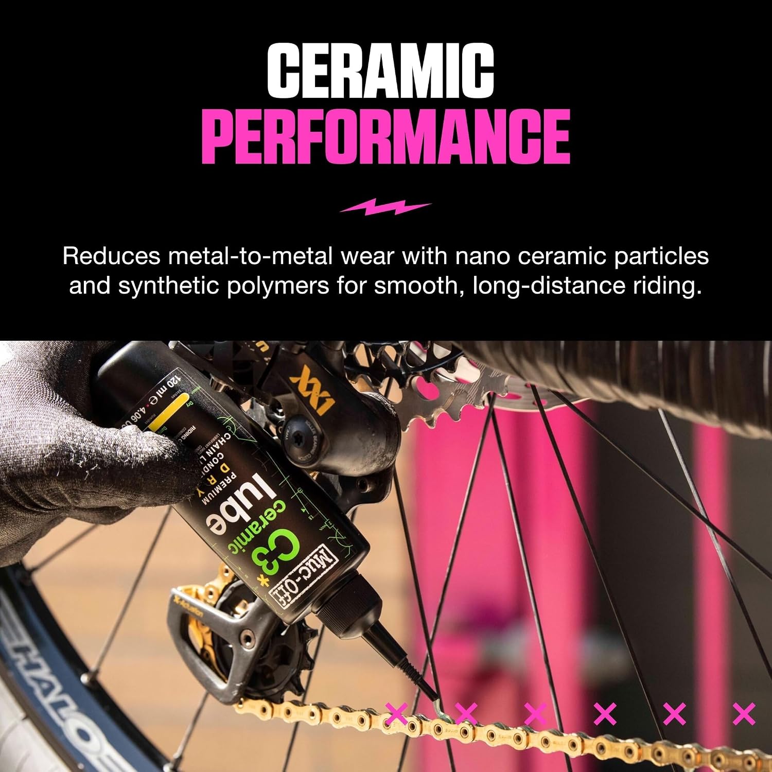 Detalle de Muc-Off C3 Lubrifiant Chaîne de Vélo – Ceramic Dry Lube 120 ml, traceur UV, pour conditions sèches et poussiéreuses