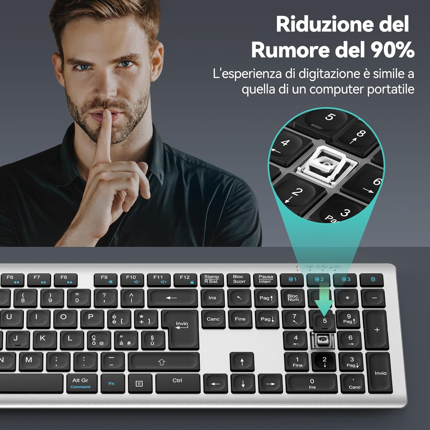 Thumbnail 5 de TECKNET Tastiera Wireless Full-Size: 4 Canali di Connessione, Bluetooth + 2.4G, USB-C ricaricabile