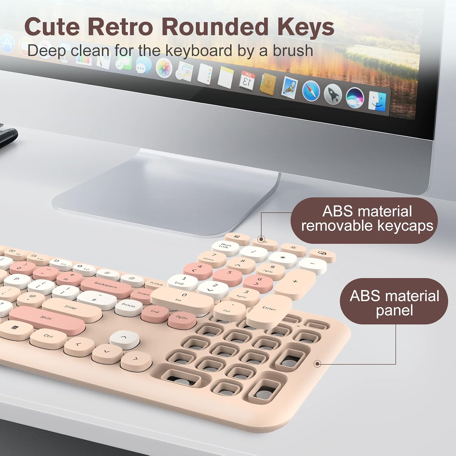Detalle de PINKCAT Wireless Keyboard Mouse Combo – Full Size UK QWERTY Ergonomic Set (Milk Tea Pink)