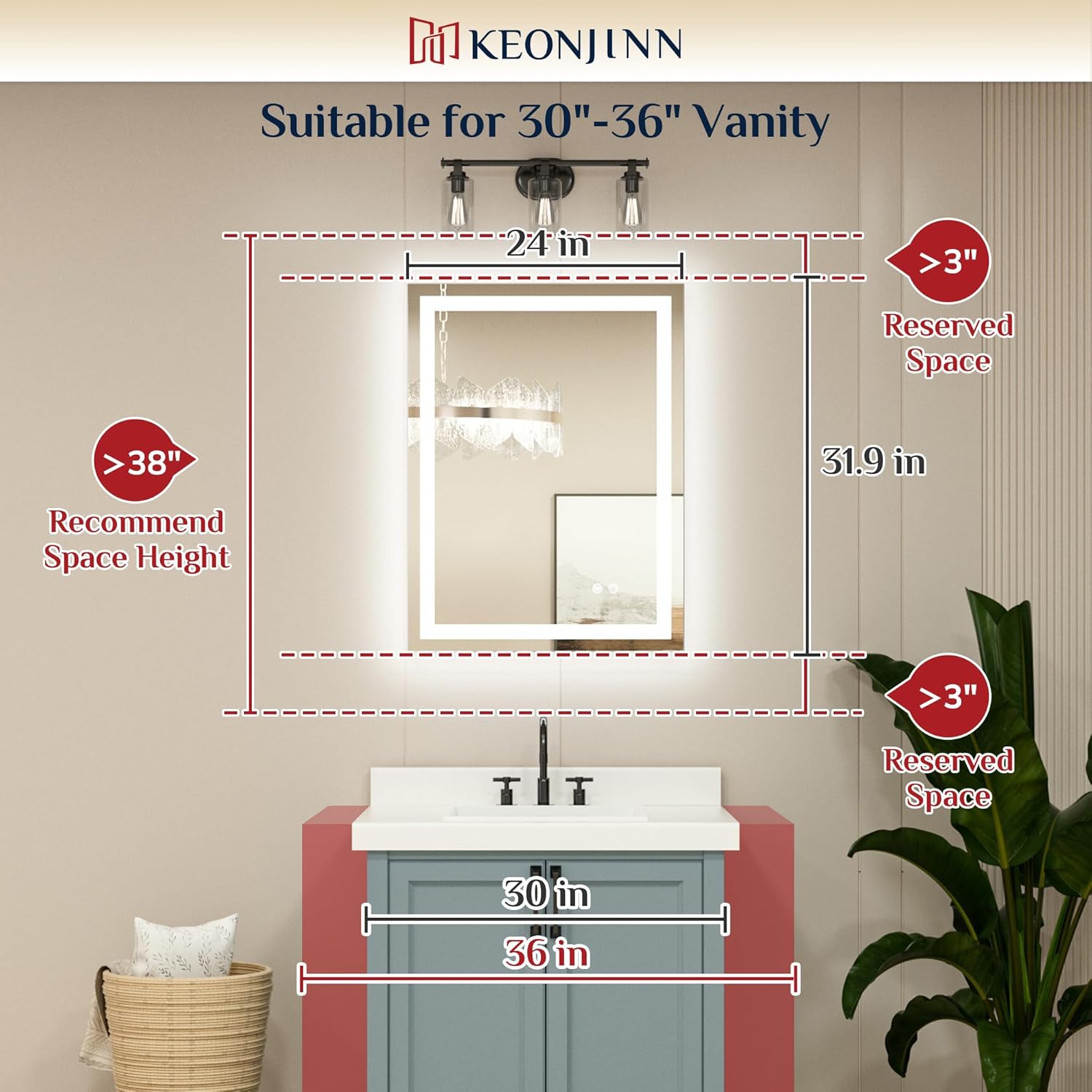 Detalle de Keonjinn LED Bathroom Mirror 24x32