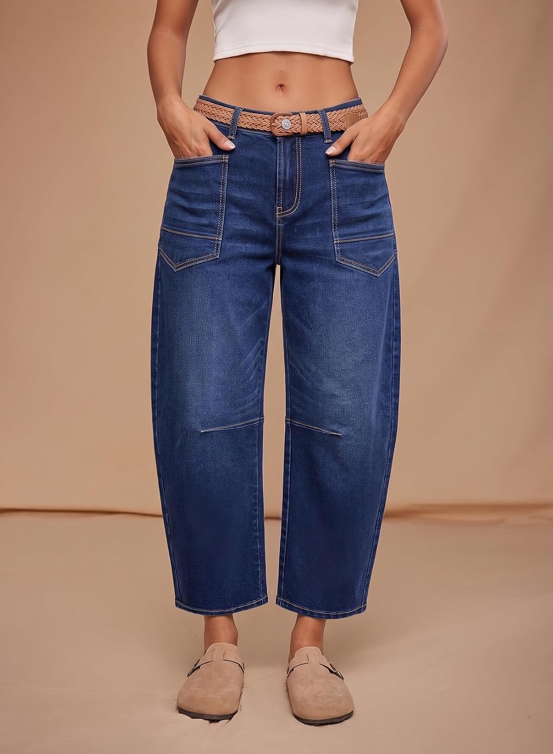 Detalle de Dokotoo Women's Barrel-Leg Jeans in Stretch Denim