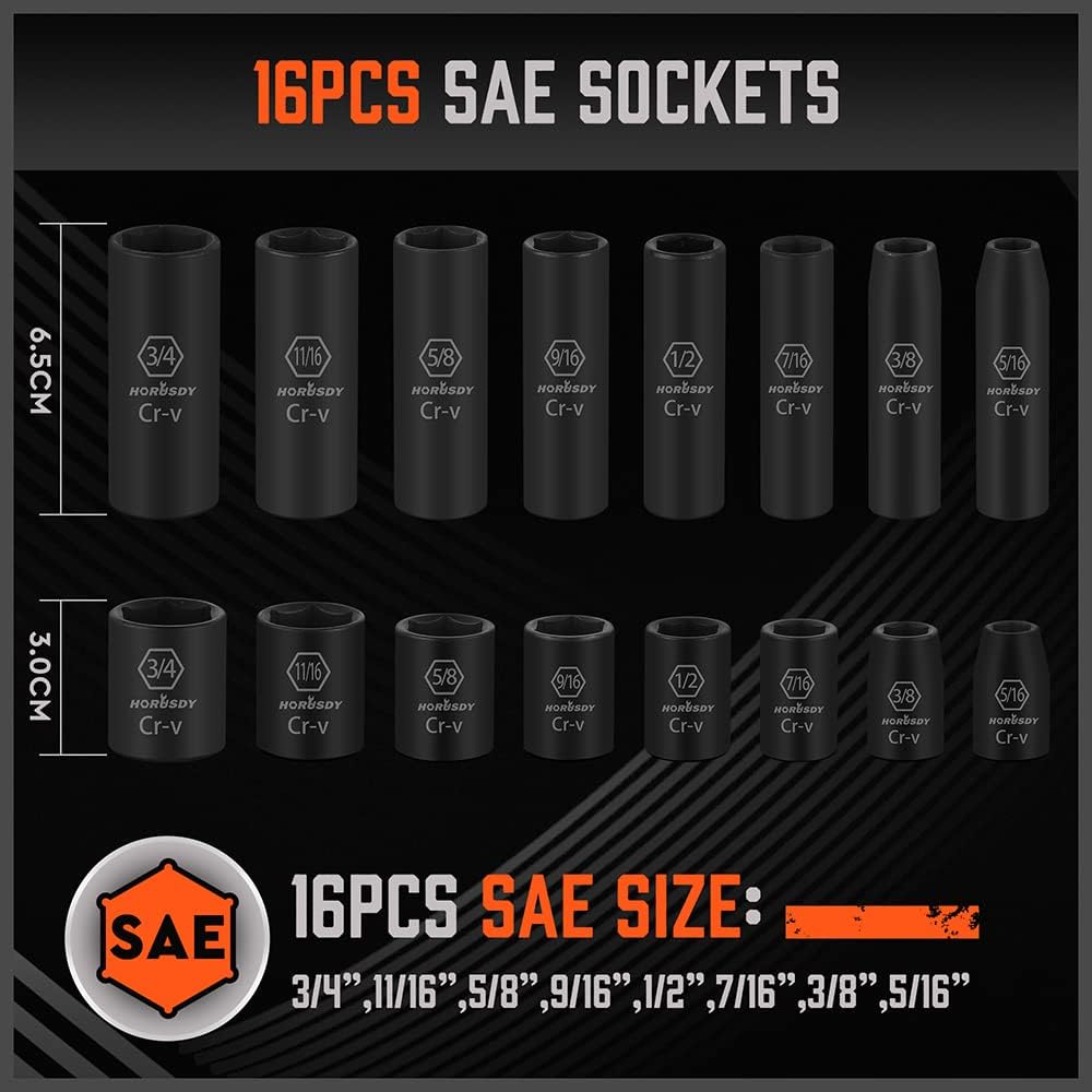 Detalle 2 de HORUSDY HORUSDY-38-SAE-METRIC-50PC 3/8-Inch Drive Impact Socket Set, SAE and Metric