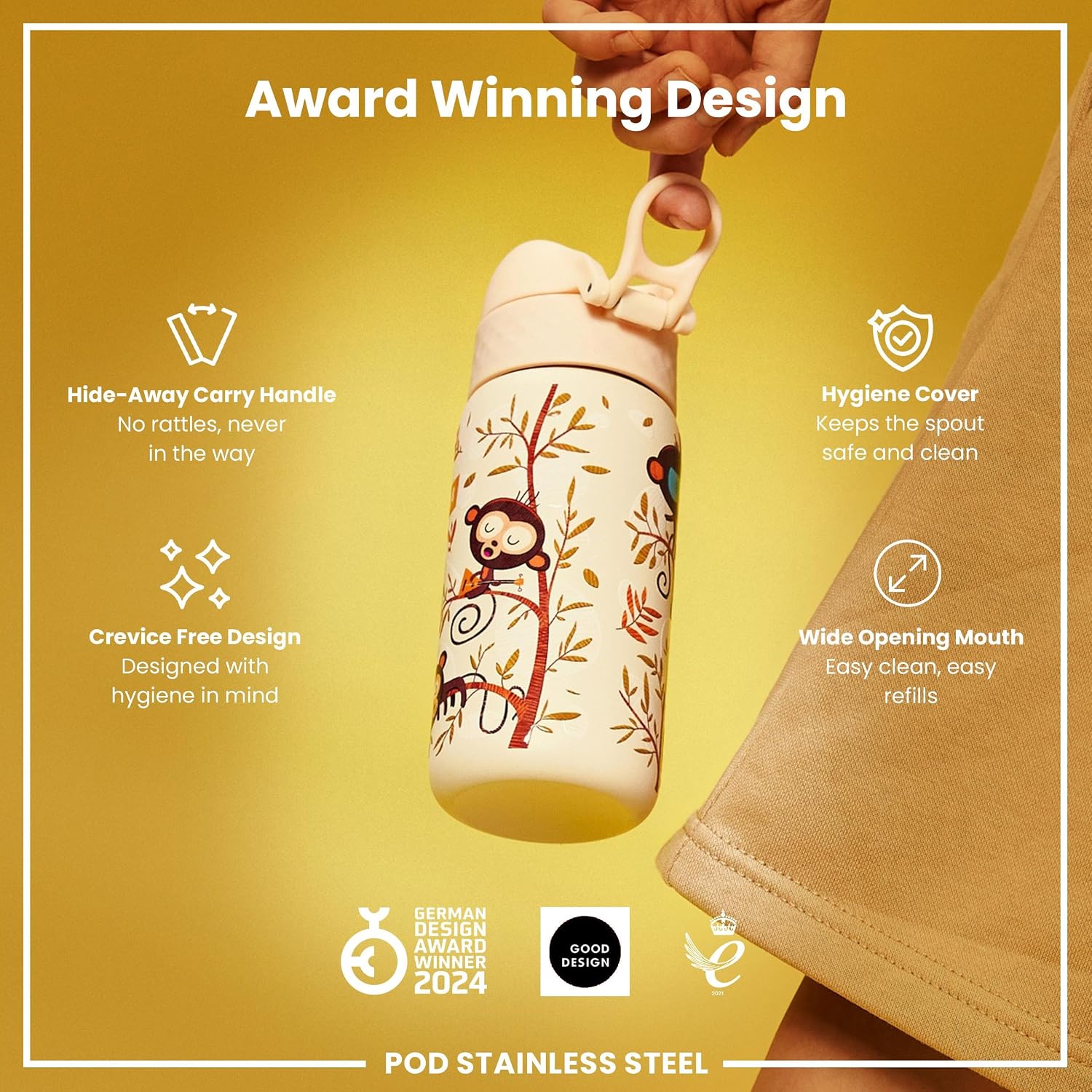 Detalle 2 de Ion8 Lightweight Steel Kids Water Bottle (400ml/13oz) in Cream – Leak Proof, Non‑Insulated, Dishwasher Safe