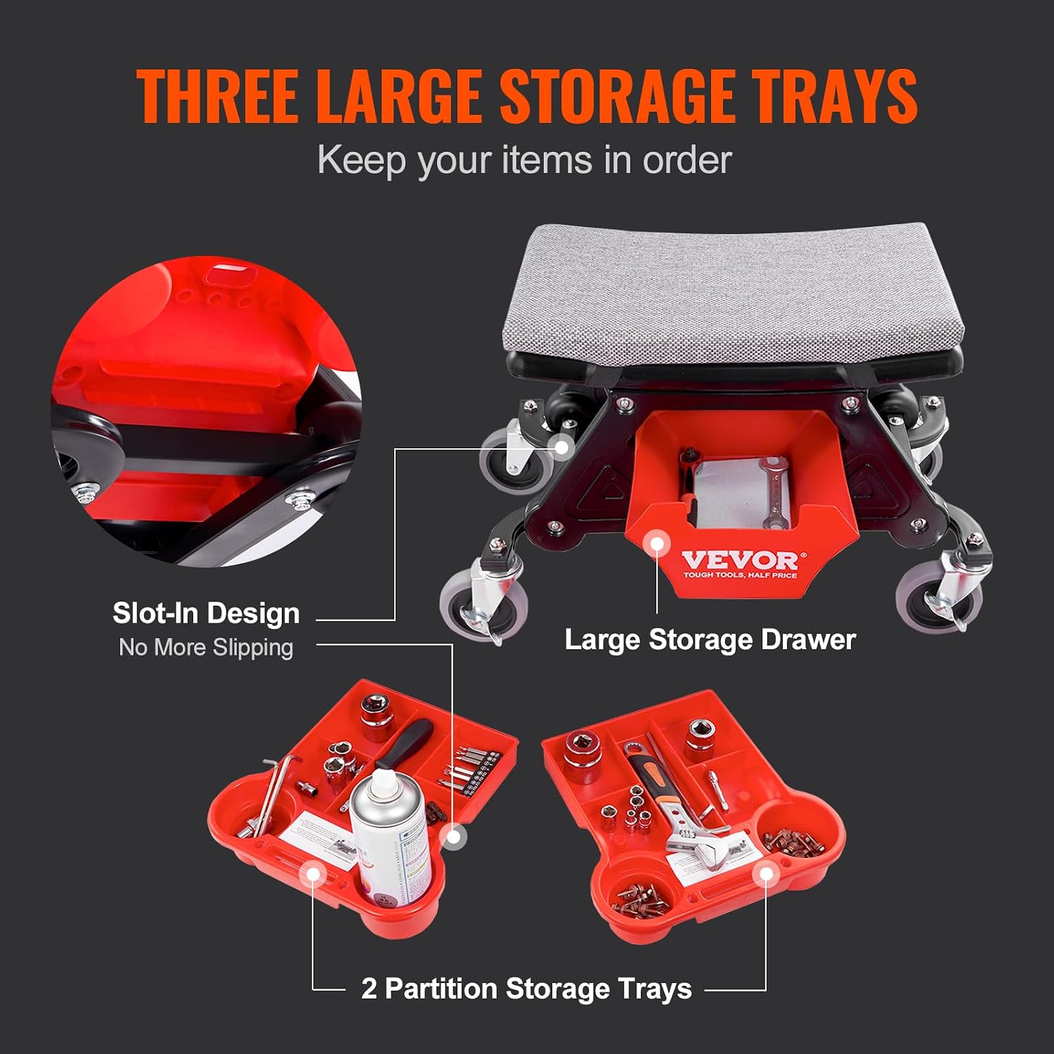Thumbnail 5 de VEVOR 300 LBS Capacity Garage Stool, Rolling Mechanic Seat with Tool Trays
