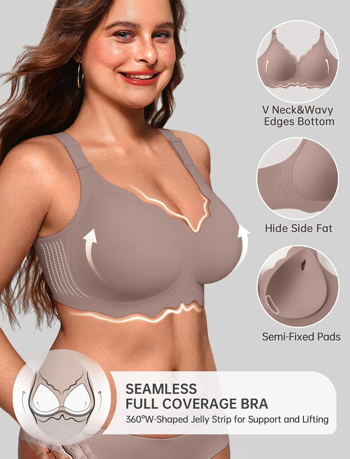 Detalle de OEAK Women Jelly Bra: No-Wire Scalloped Push Up T-Shirt Bra (Seamless, Convertible Straps)