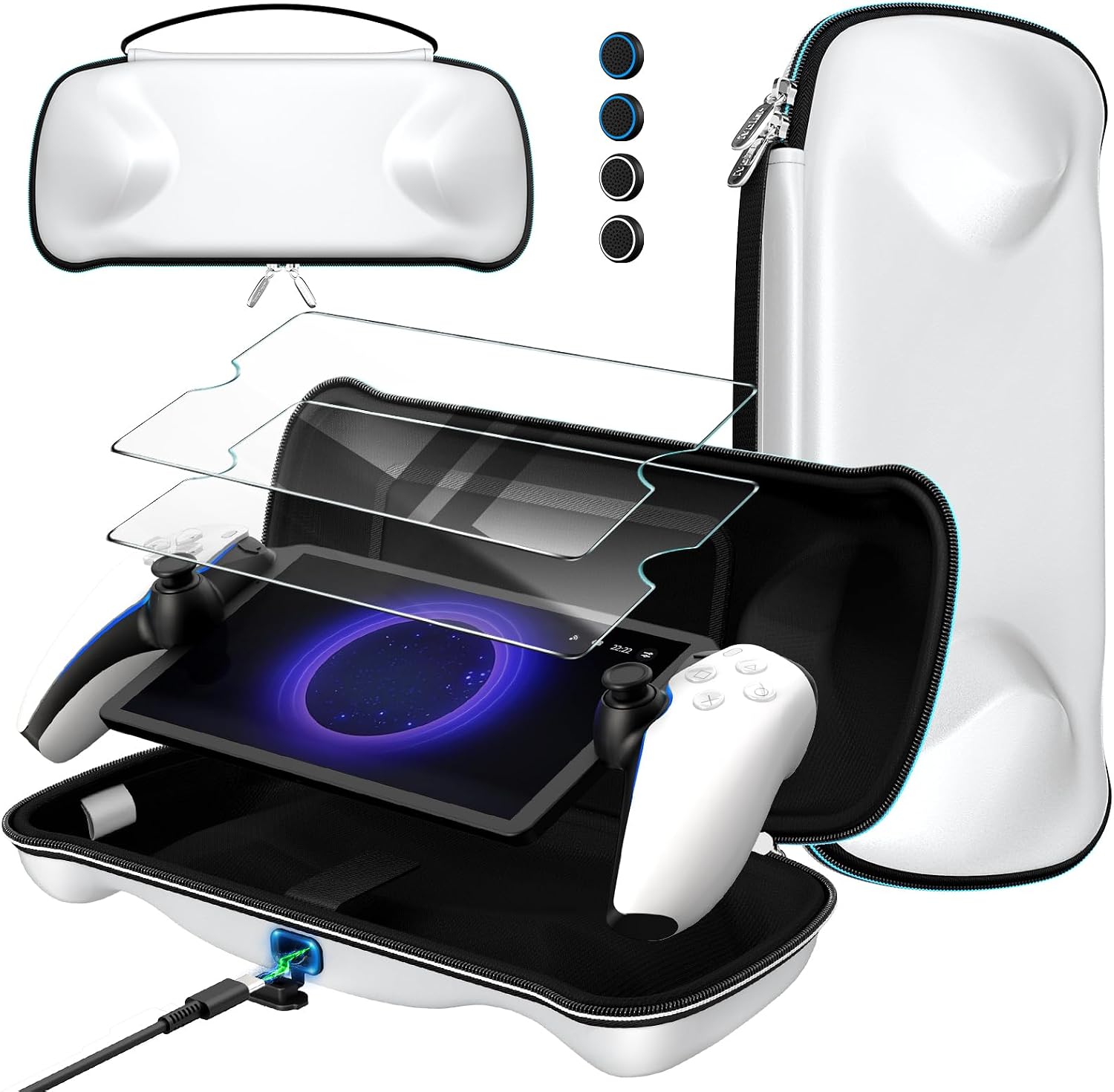 Detalle de iVoler: Custodia rigida con ricarica integrata per PlayStation Portal + 2 Pellicole in vetro temperato