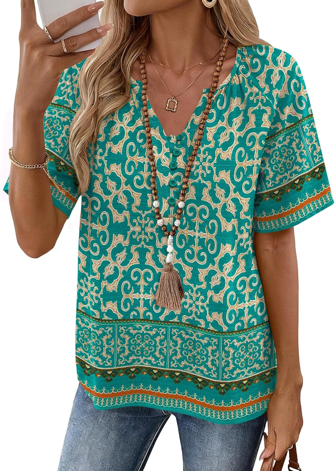 Thumbnail 6 de Rapbin Women's V-Neck Cotton-Linen Blouse: Lightweight Boho Top for Everyday Wear