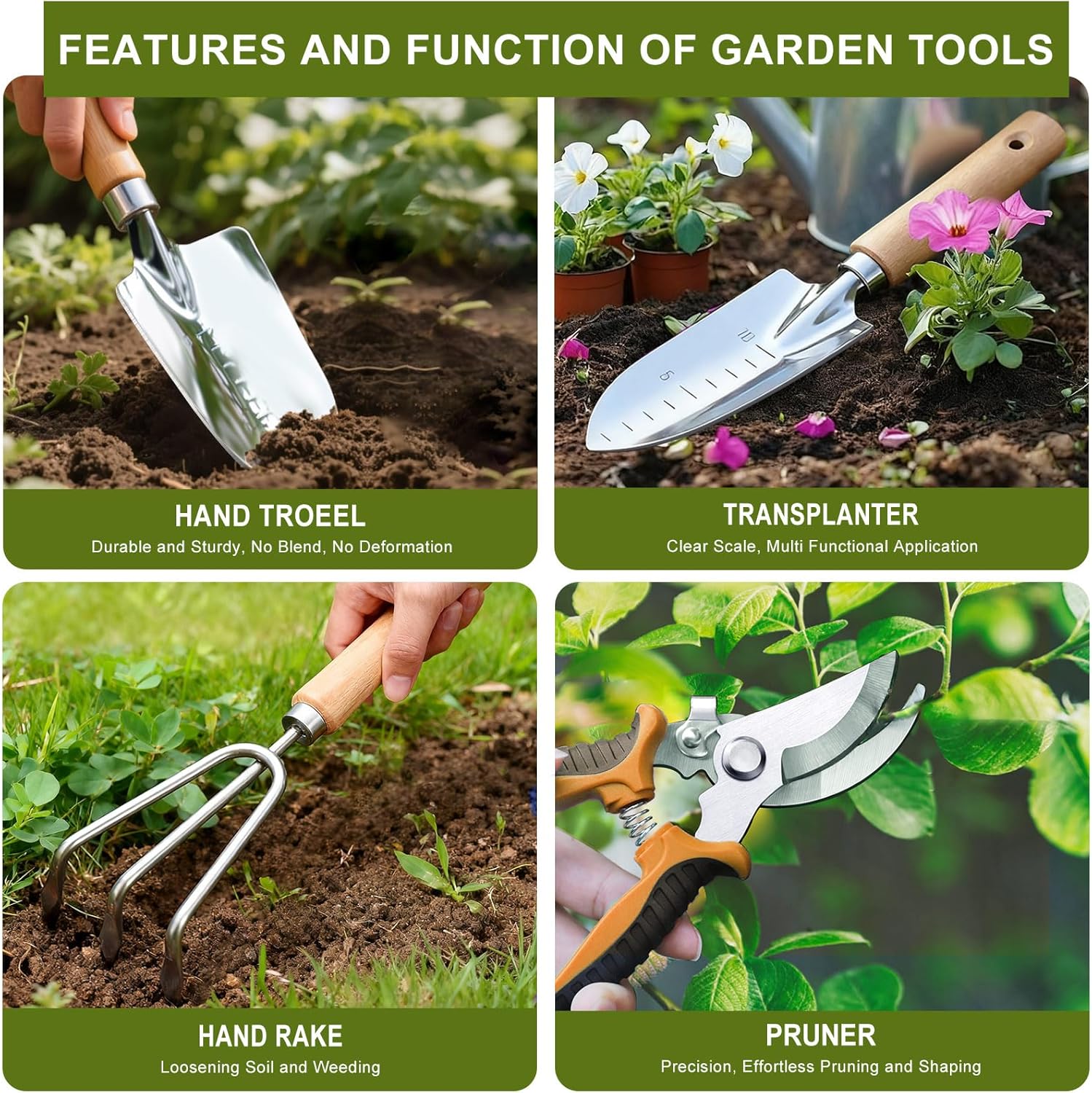 Detalle 2 de Kynup 9-teiliges Gartenwerkzeug-Set aus Edelstahl inkl. Aufbewahrungstasche