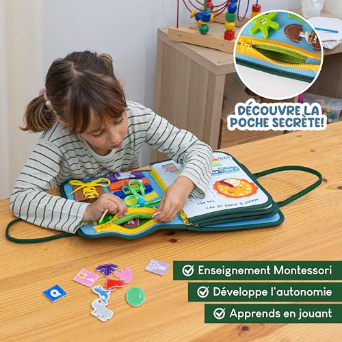 Detalle de BONNYCO Busy Board Montessori en feutre – Mallette d’activités pour motricité fine