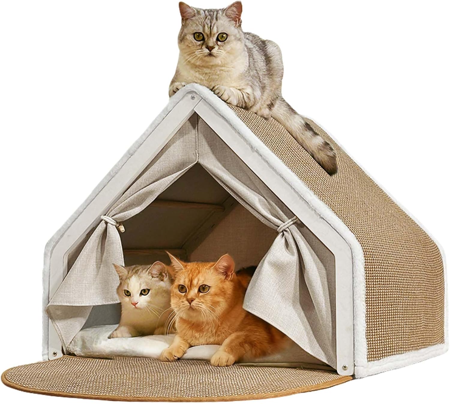 Detalle de LUNNTE Katzenhaus „Katzenzelt Sisal Kratzhaus“ 2-in-1 aus Holz (Beige, 64x50x50)