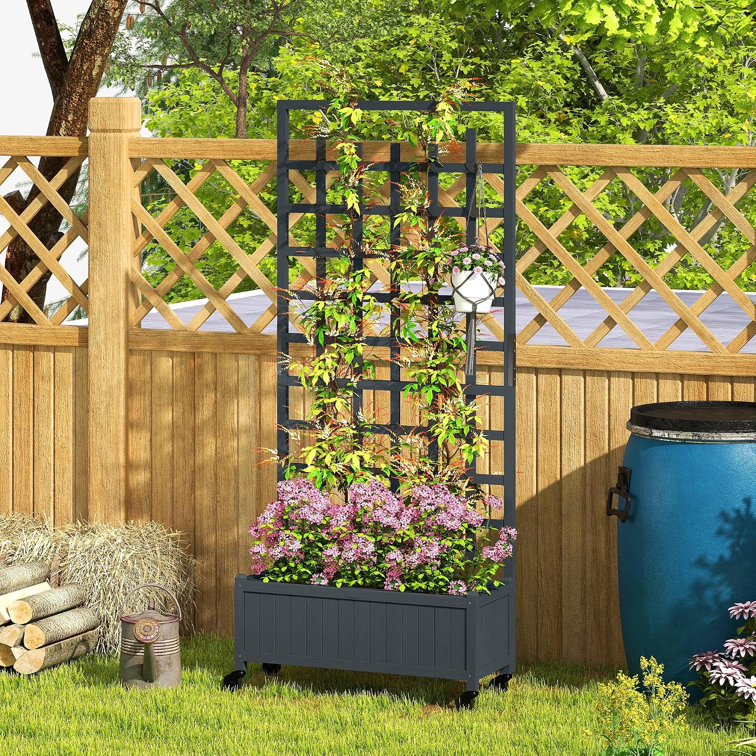 Detalle 2 de Outsunny 84H-001V00GY Wooden Trellis Planter, Grey, 54L, with Wheels