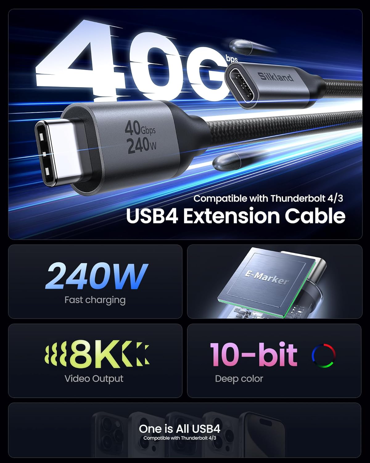 Thumbnail 4 de Silkland 40Gbps USB4 Extension Cable 3.3ft