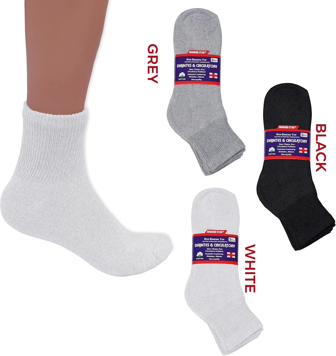Detalle de Diamond Star Diabetic Ankle Socks, Cotton Blend, Cushioned Sole, 12 Pairs