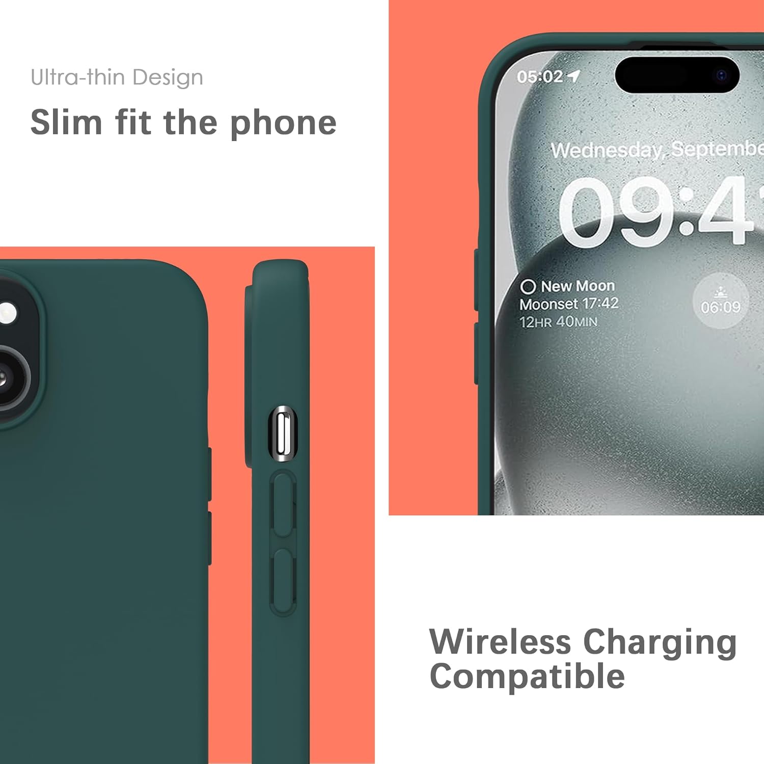 Detalle de YATWIN Silicone Case for iPhone 15 in Dark Green – Soft-Touch, Shockproof