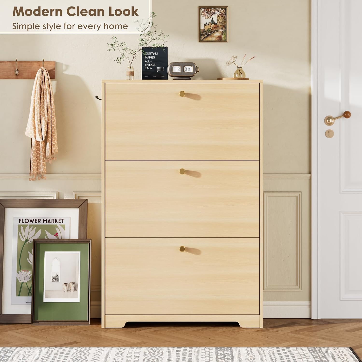 Detalle 2 de Nicetree NT-SC004 Shoe Storage Cabinet, Natural Oak, 3 Flip Drawers