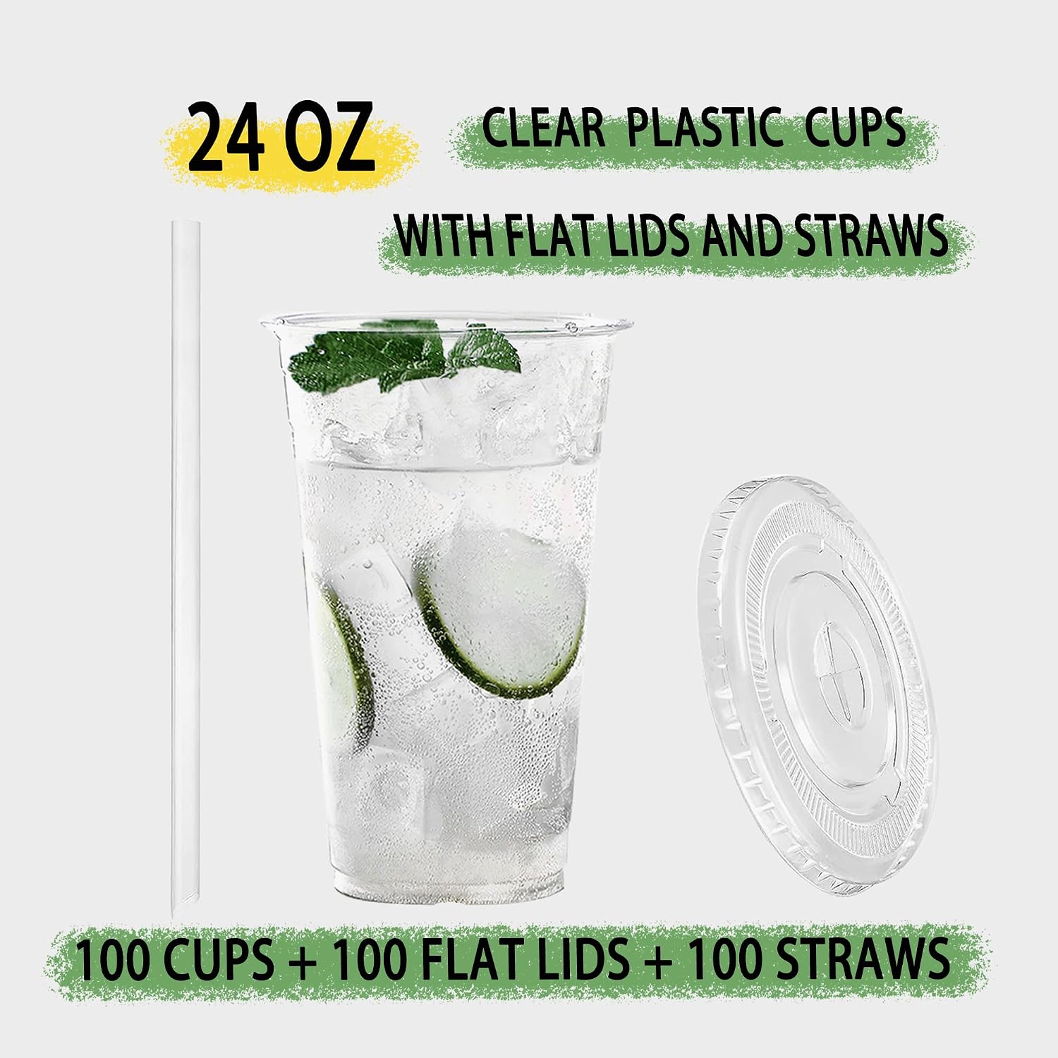 Thumbnail 1 de TashiBox 24 oz Plastic Cups with Flat Lids, Straws, and Meal-Prep Capabilities — 100 Sets