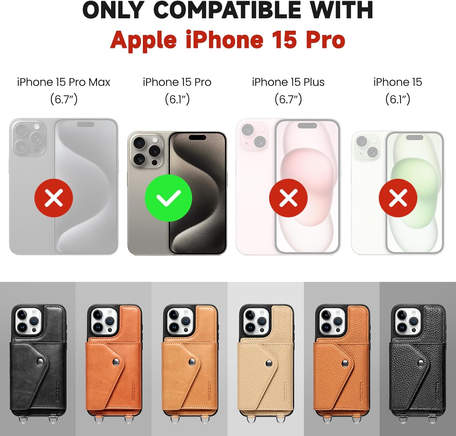 Thumbnail 6 de LUCKYCOIN Genuine Leather Crossbody Wallet Case for iPhone 15 Pro