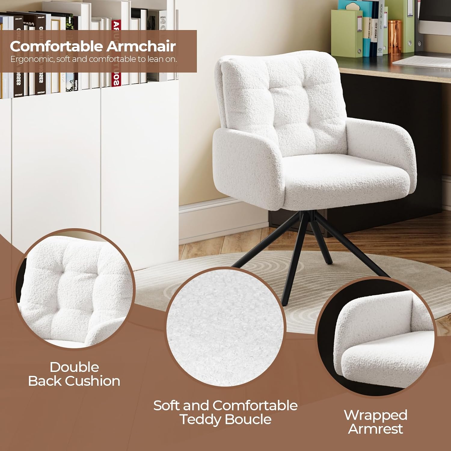 Detalle de Luxstein HM044946 White Bouclé Tub Chair with 360° Swivel and Metal Frame