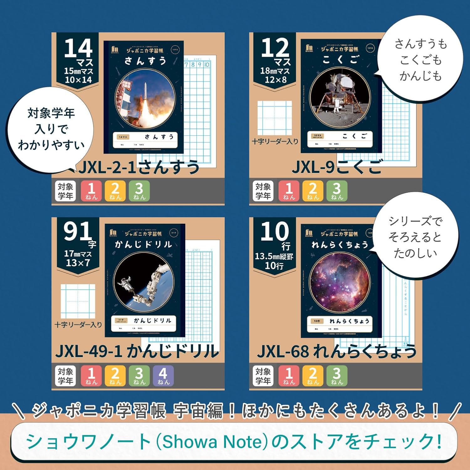 Detalle 2 de ショウワノート ジャポニカ学習帳 JXL-82*5 宇宙編 B5自主学習ノート 5mm方眼・十字リーダー入り 5冊パック