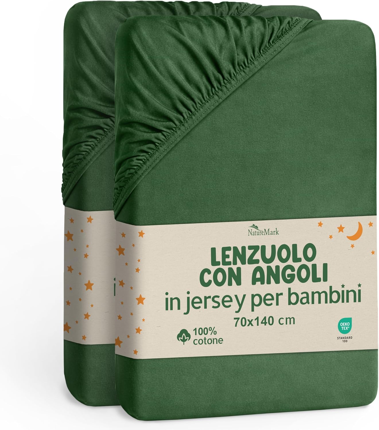 Detalle de NatureMark Lenzuolo con angoli elasticizzati 70x140 cm – set da 2 in jersey di cotone 100% verde scuro