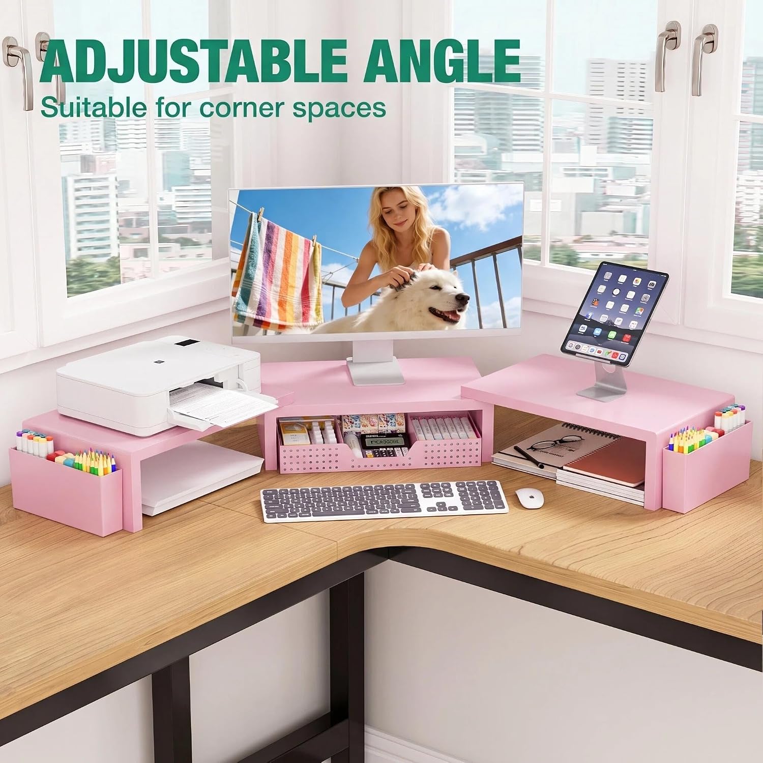 Detalle de OPNICE Pink Monitor Stand Riser with Drawer and 2 Magnetic Pen Holders