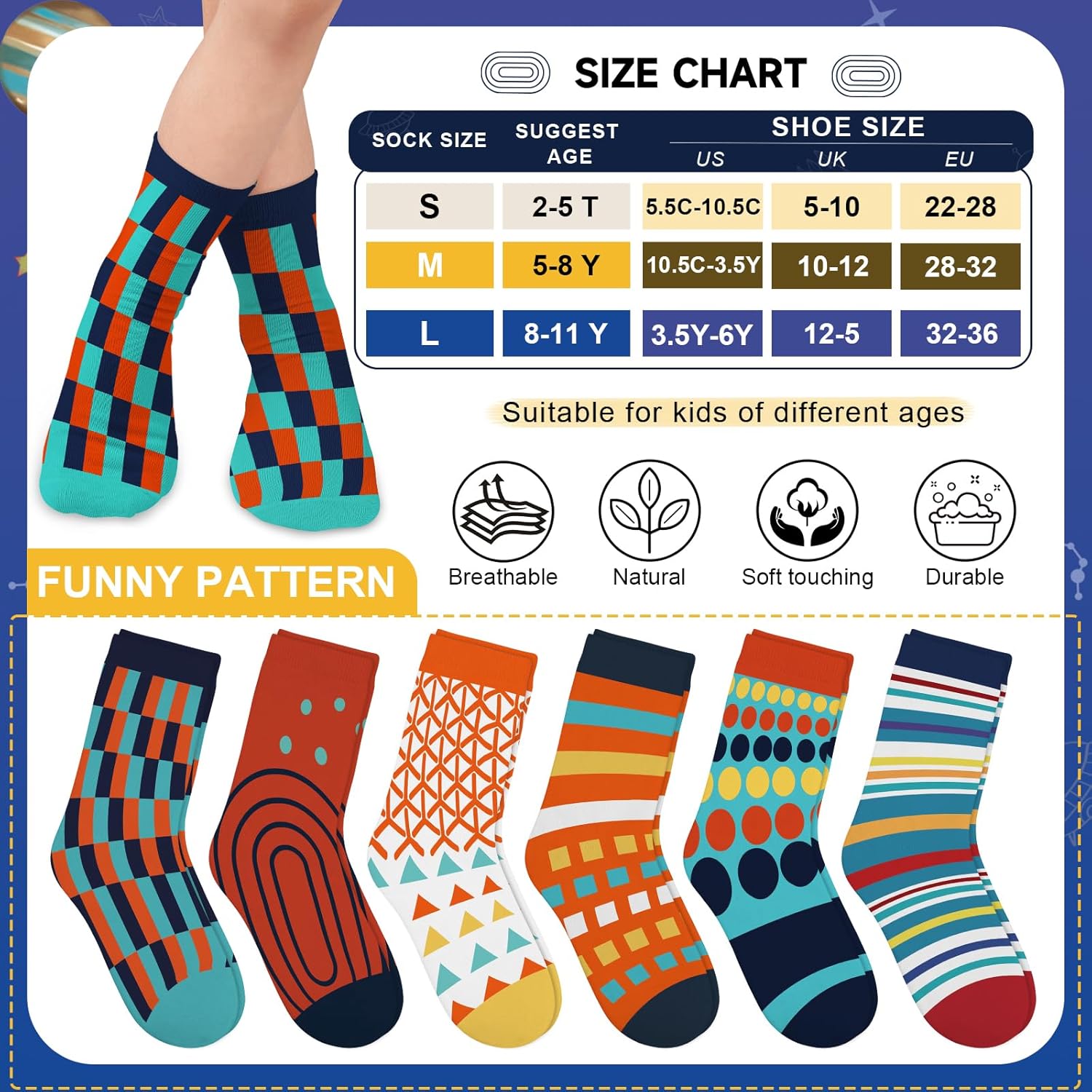 Thumbnail 3 de Queenshin Kids Socks: Novelty Camouflage Sharks in Colourful Stripes, Dots & Stars (6 Pairs)