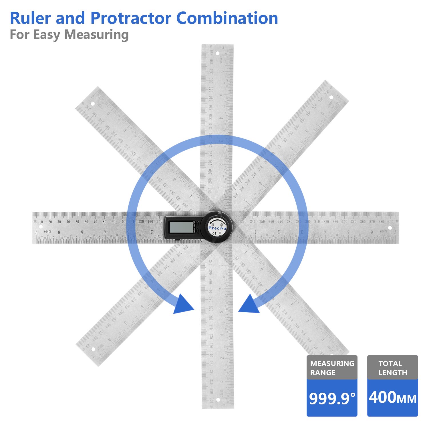 Detalle de Règle d’angle numérique Preciva Rapporteur (400 mm) : écran LCD, maintien et mesure 0–999,9°