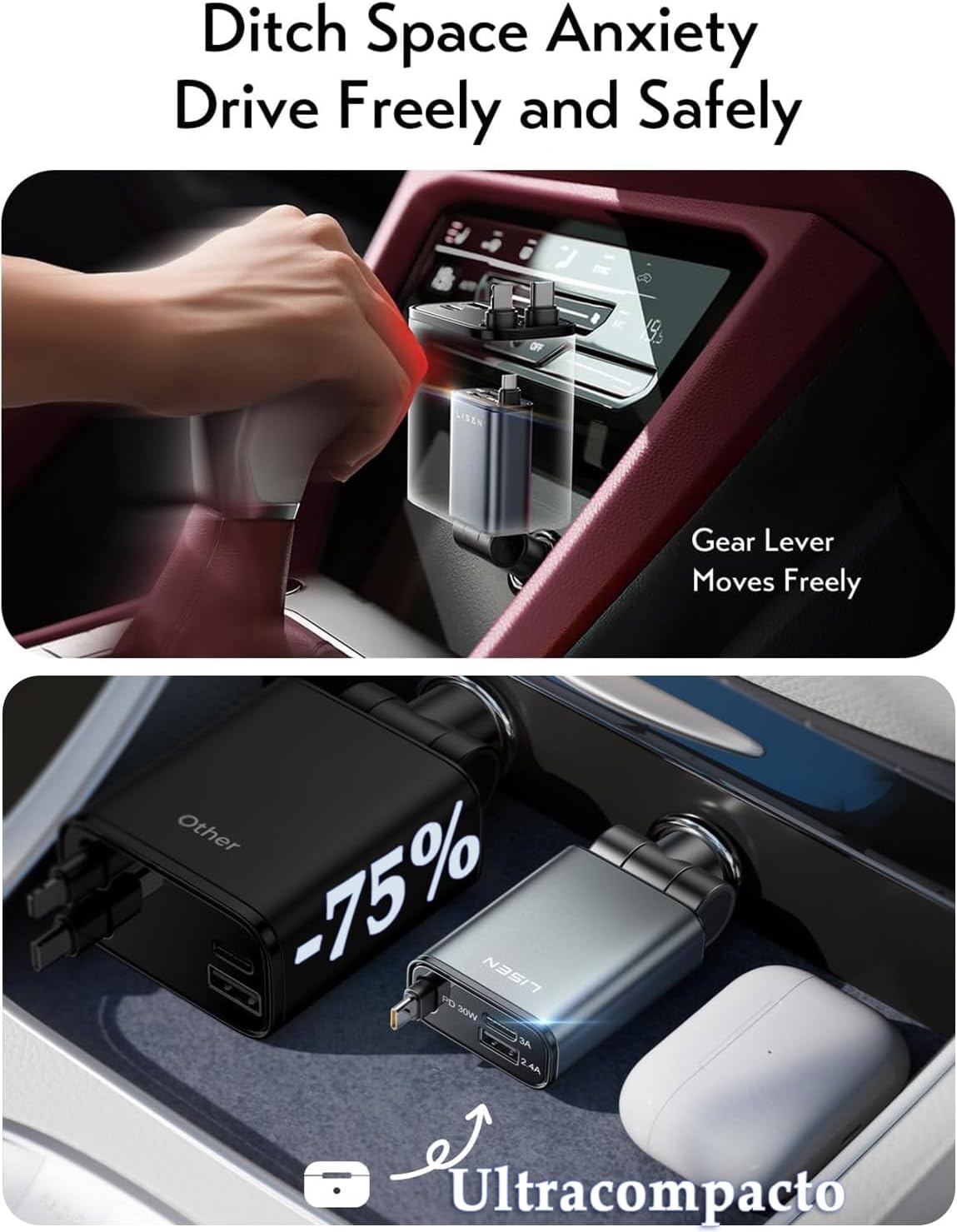 Detalle 2 de LISEN Retractable 57W USB‑C Car Charger