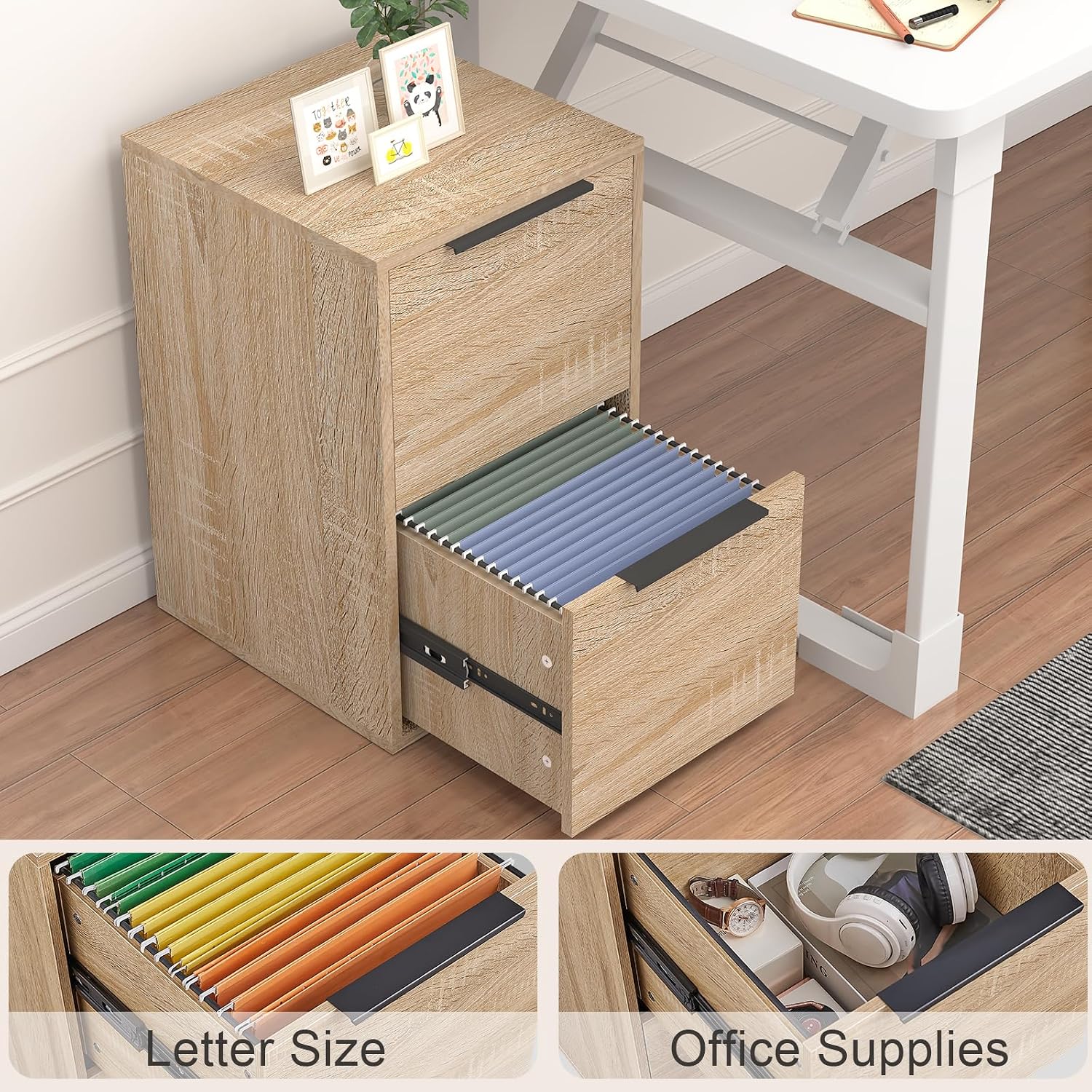 Detalle de FATIGOS MC 2-Drawer Wood File Cabinet, Oak, Letter and A4 Storage