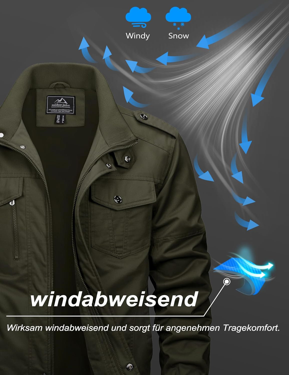 Detalle 2 de MAGCOMSEN Übergangsjacke Herren aus Baumwolle mit Stehkragen und Multi-Taschen