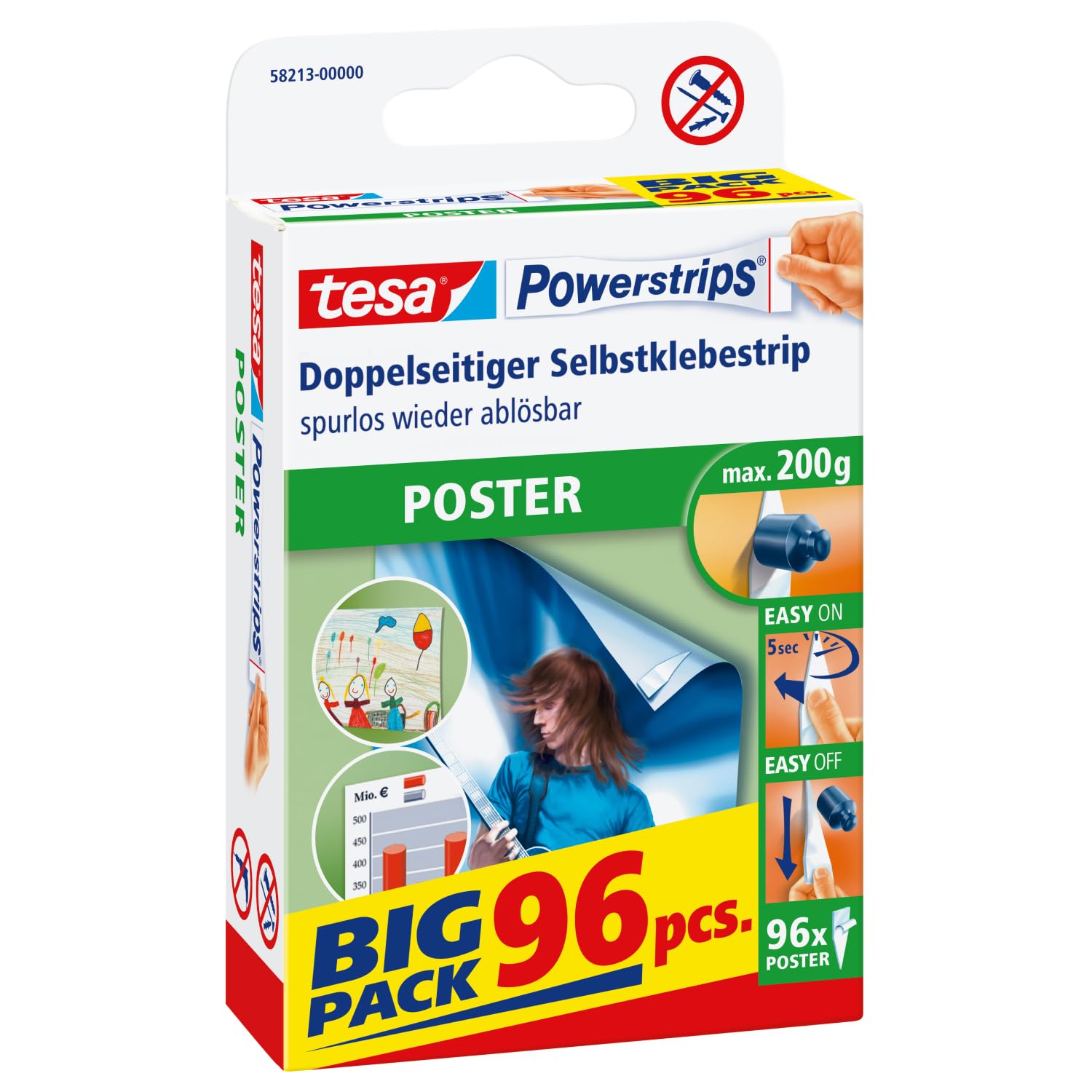 Detalle de tesa Powerstrips Poster Big Pack – Doppelseitige Klebestreifen für Poster, 96 Stück