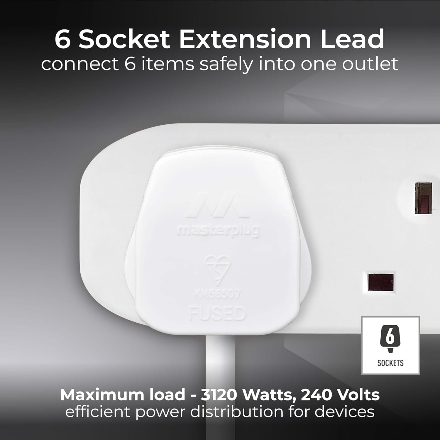 Thumbnail 1 de Masterplug Six Socket Extension Lead, 3m – Unswitched, 6-Way Power Strip with Safety Shuttered Sockets (BS1363-2)
