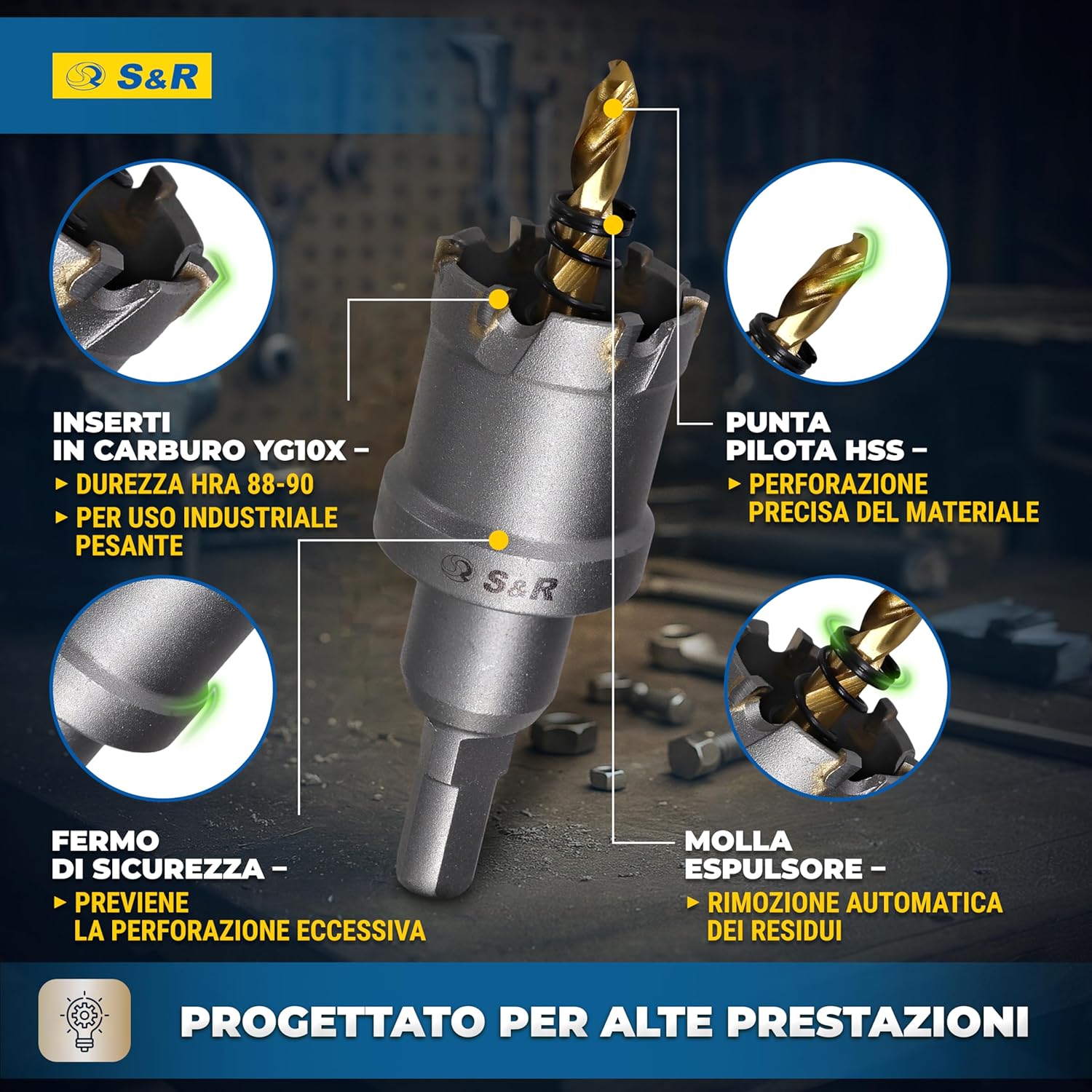 Detalle de S&R Set 5 Seghe a Tazza Metallo (16–30 mm) – Per Metallo, Legno e Plastica con Fresa a Tazza TCT e 7 Punte in Titanio