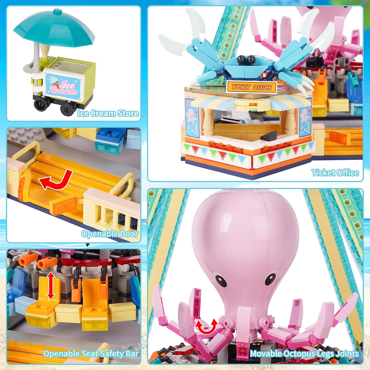 Detalle de Vinbosion Octopus Swing Building Blocks Set (1189 pcs) – Creative Amusement Park Model
