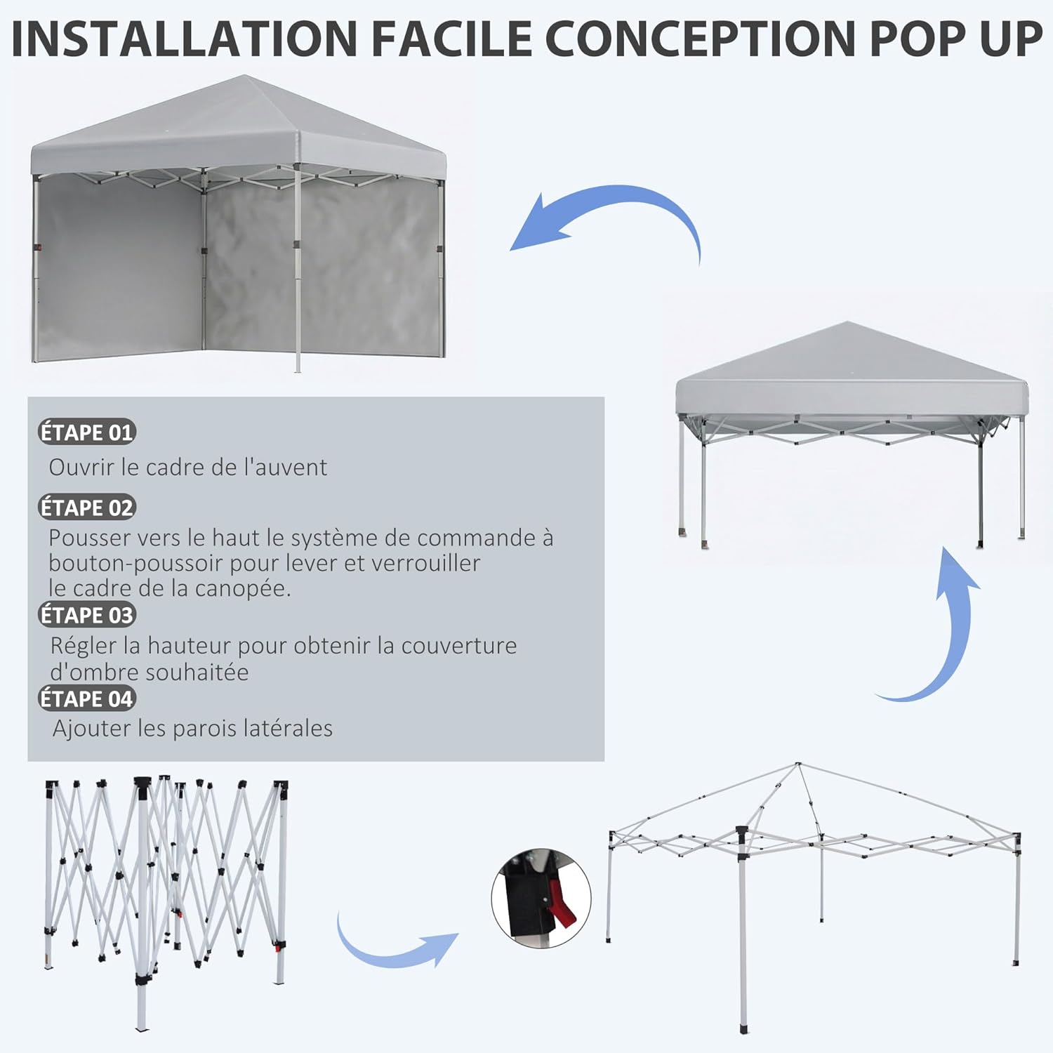 Thumbnail 3 de Outsunny Tonnelle de Jardin Pop-up Pliant Barnum 3x3 m – Hauteur réglable, 2 parois, UV 30+, sac de transport inclus, gris clair
