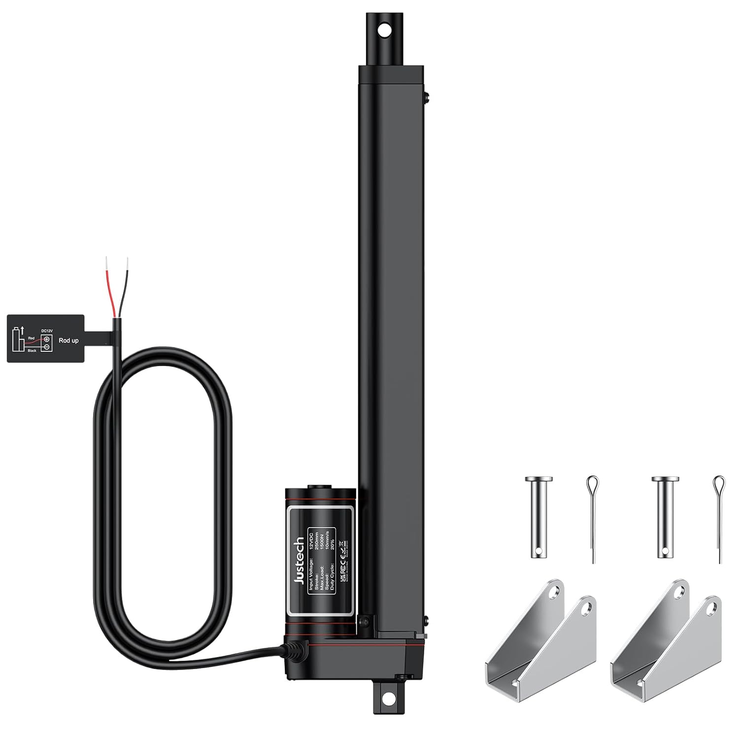 Justech Heavy Duty DC 12V Linear Actuator Motor 250mm (3000N) with Mounting Brackets – Black