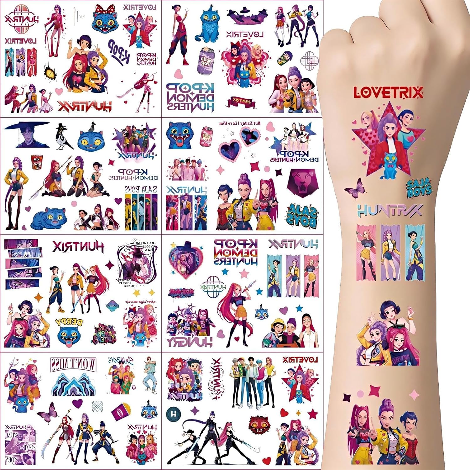 Detalle de ROMANVIC Hunter Kpop Tattoo Kinder – Temporäre Klebetattoos, 8 Blätter, über 200 Muster