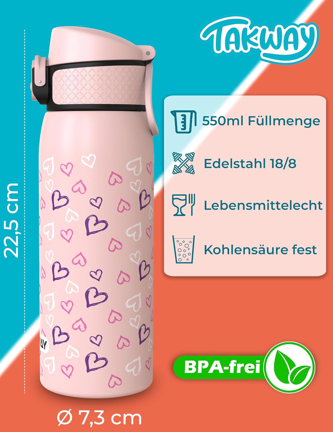 Thumbnail 1 de TAKWAY Edelstahl Trinkflasche Kinder 550ml – Auslaufsicher, isoliert und kohlensäuregeeignet