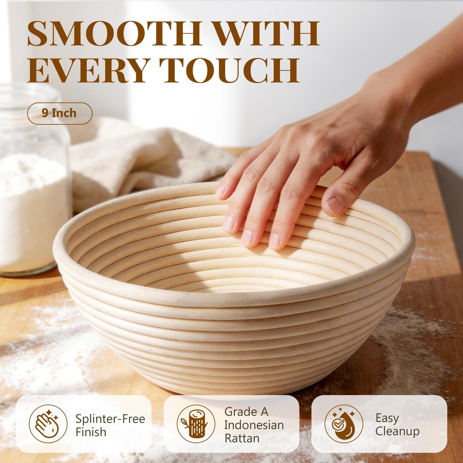 Detalle de BAVIFY Bread Proofing Baskets, 2-Pack 9-Inch Round Natural Rattan Bannetons