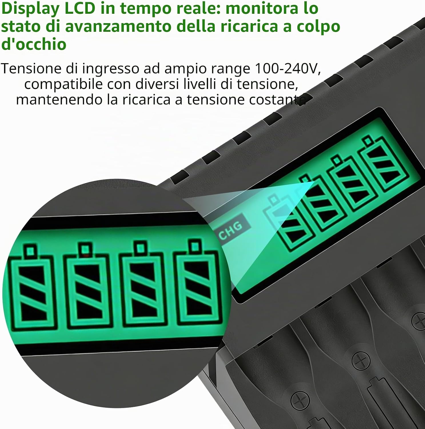 Detalle de Carehabi Caricabatterie 8 Slot AA/AAA Ni-MH con Display LCD, USB-C e Compatibilità Estesa