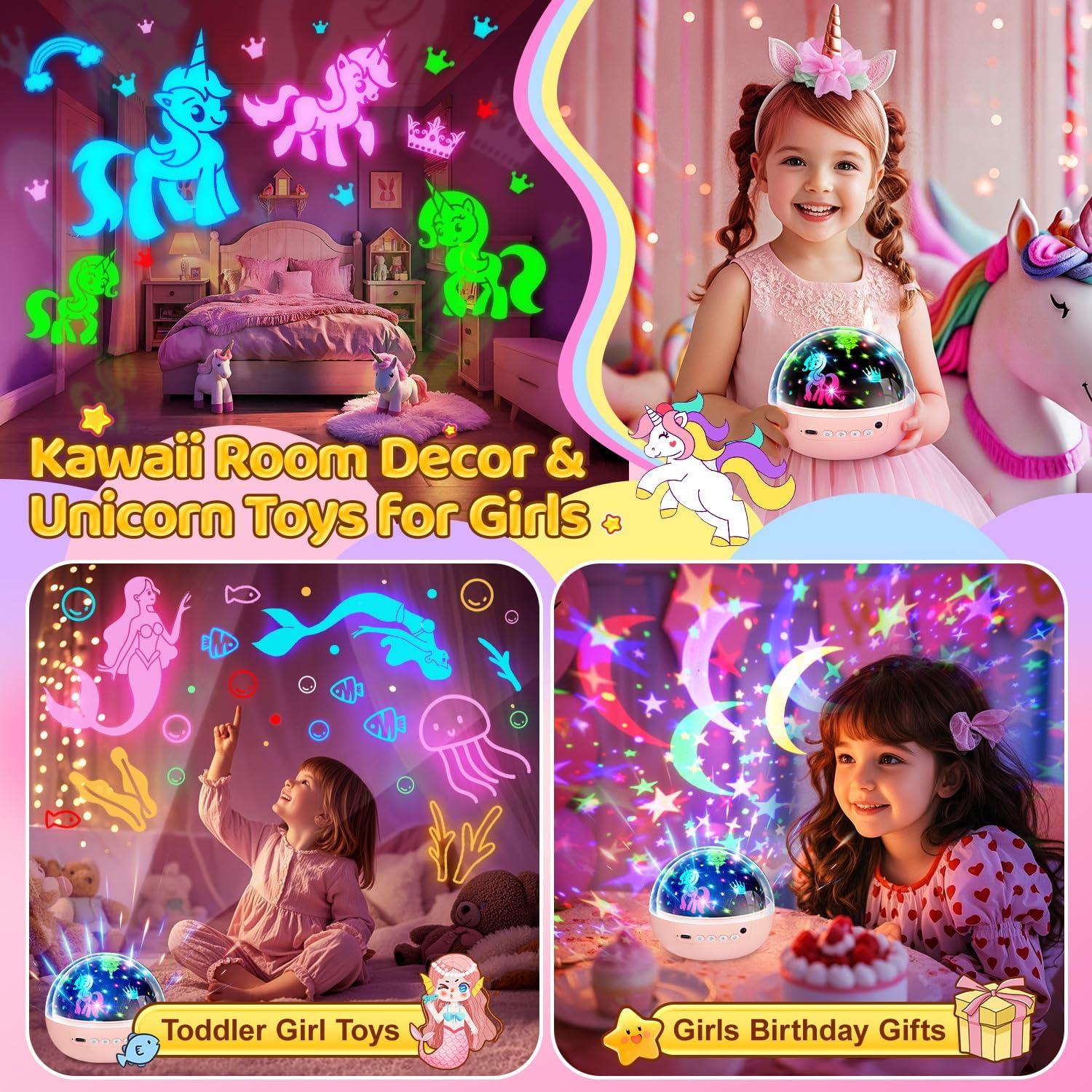 Detalle de COOLNIGHT Unicorn Gifts for Girls Toy (93 Modes + Remote) with Timer & 3 Brightness Settings, 360° Rotating Projector