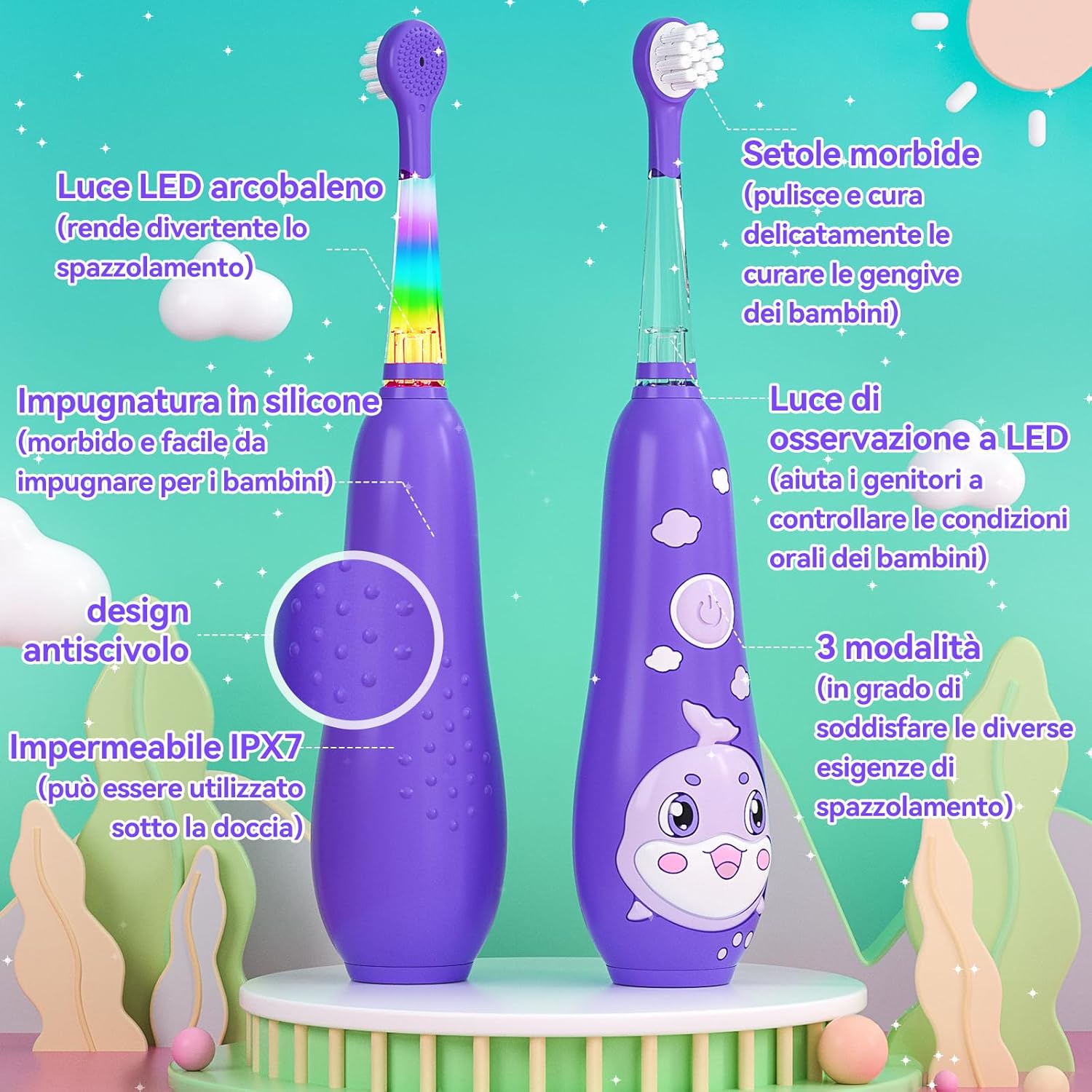 Thumbnail 6 de Spazzolino elettrico bambini Seago SG-2139 con manico in silicone a balena, LED e 8 testine (0–6 anni) – Viola