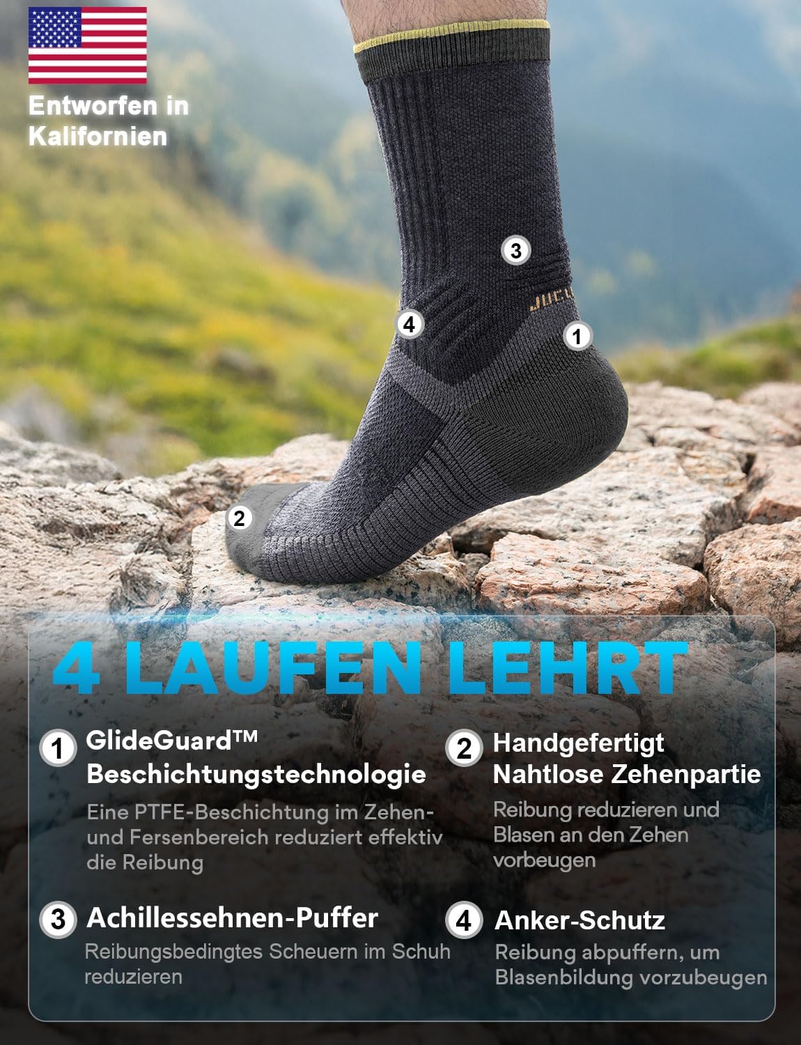 Detalle de Juclise Sommer Merinowolle Wandersocken für Herren – Kompression, Anti-Blasen-Schutz, atmungsaktiv