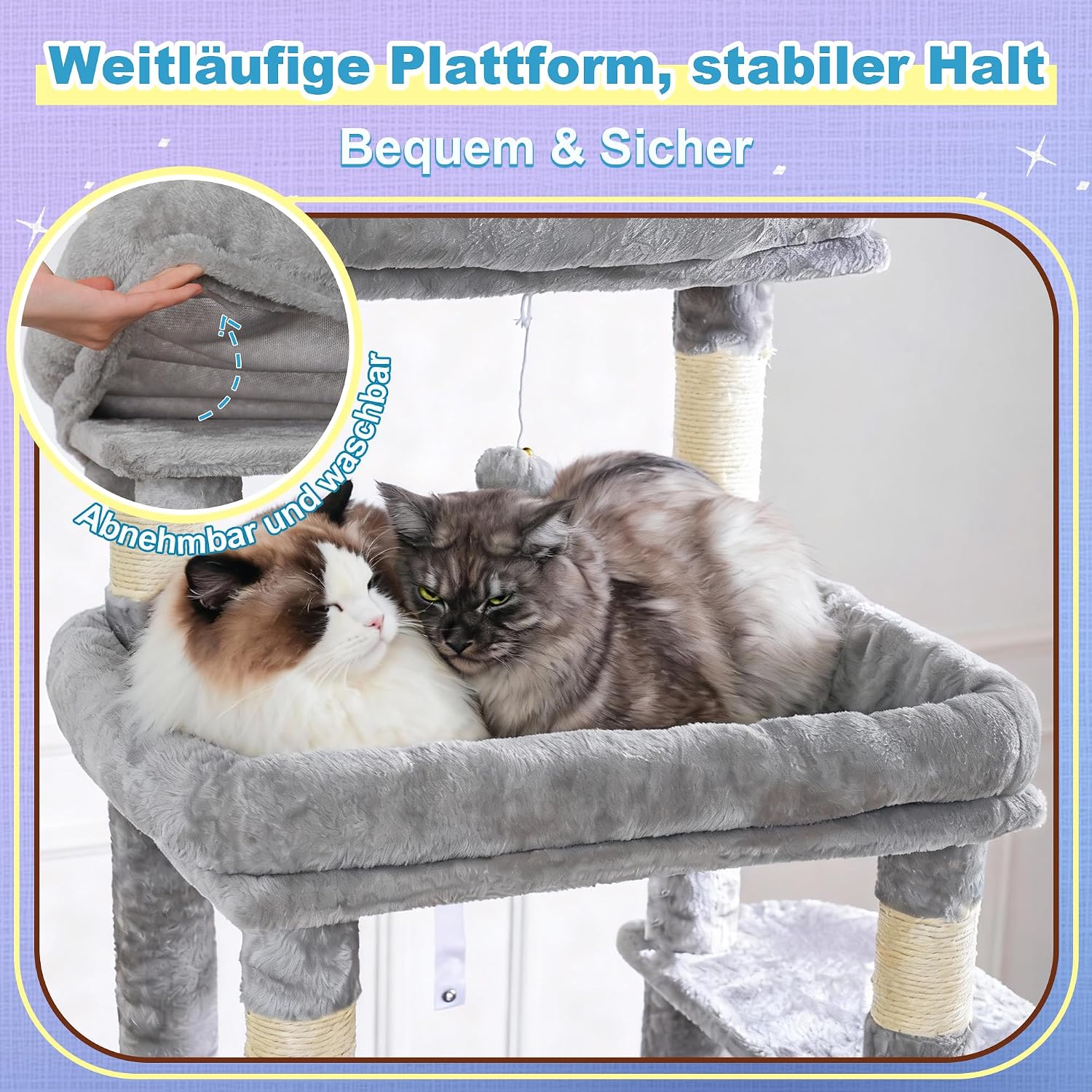 Detalle de Hey-brother Kratzbaum EMJ080W, 182 cm hoch für Großkatzen – mit 2 Liegeflächen, 3 Hängematten & Kratzbrettern
