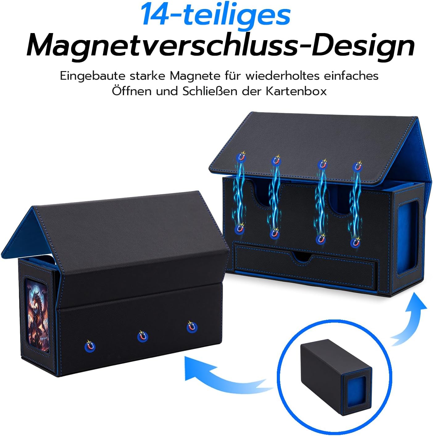Detalle 2 de Tolesum Doppelschicht Card Deck Box für MTG & Commander – Sammelkartenbox mit Schaufenster und Würfelfach, magnetisch (schwarz/blau)