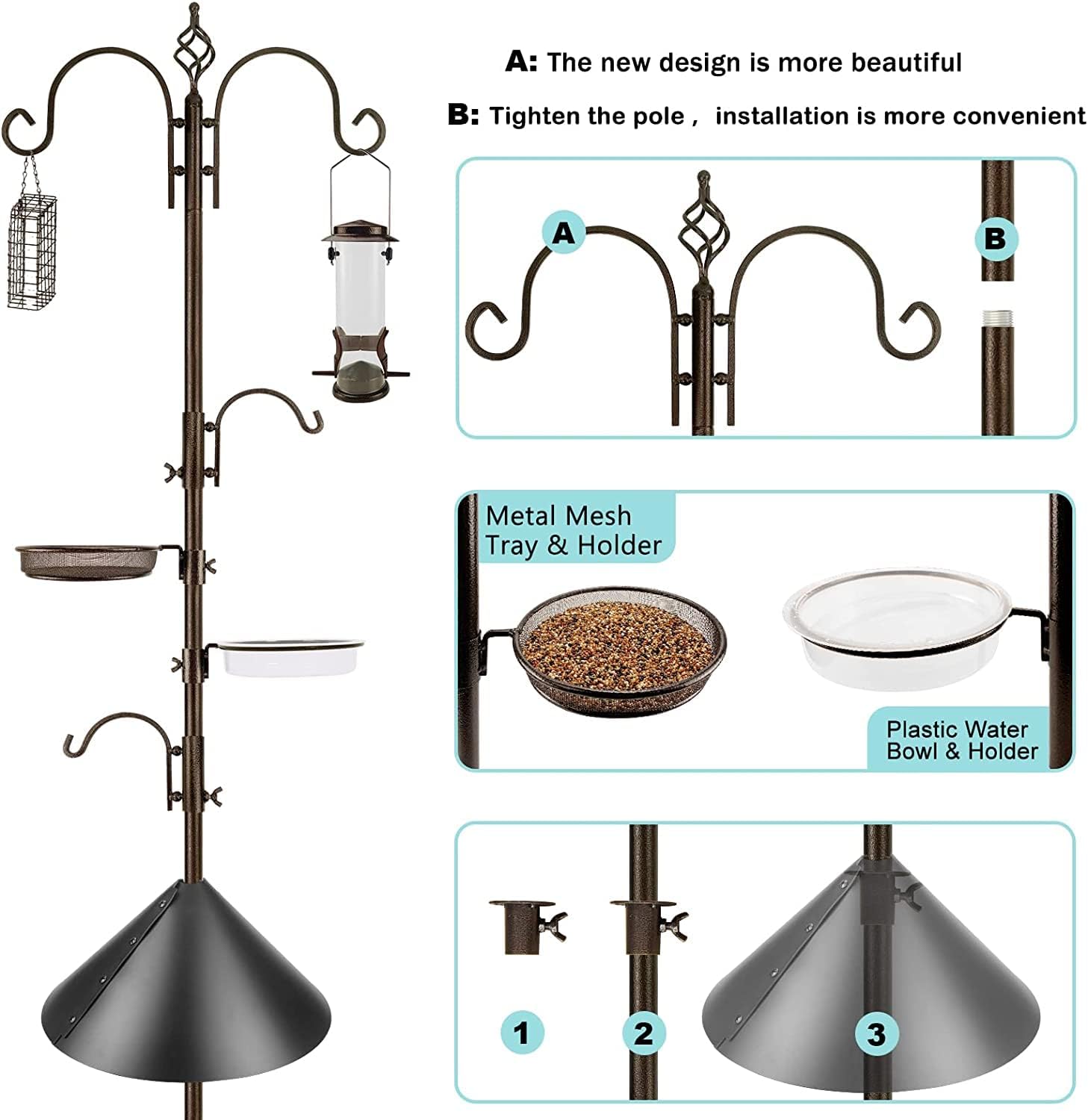 Detalle de MIXXIDEA bird feeder station kit with squirrel baffle, suet cage and mesh tray